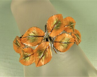 Leaf Clamper Bracelet - Vintage Orange Green Gold Tone