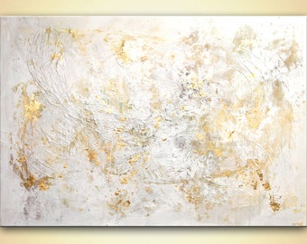 Large Gold White abstract art textured painting Wall Decor 60"x40" heavy textured abstract painting by Osnat