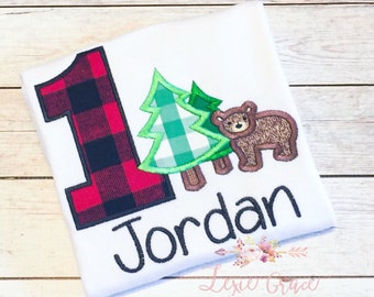 Lumberjack birthday Monogram and Applique Shirt or Bodysuit - woodlands, Personalized, Boys, first birthday, plaid