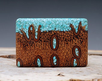 Exotic Wood and Turquoise Inlaid Belt Buckle - Handmade