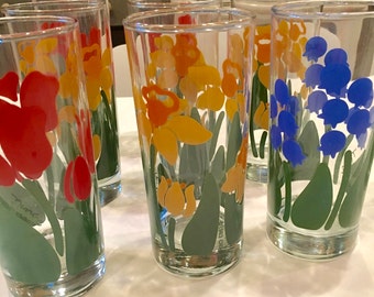9 Retro 1983 Nina Floral Tumblers, Glasses, Anchor Hocking, Bright Flowers, Vintage, Glassware, Barware, Patio ,Pool Glasses, Tea, Lemonade