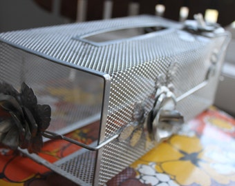 1960s Vintage Tissue Box cover SILVER Metal Mesh with Leaves and Roses, Silver Flowers, Metal Tissue Box cover, Silver mesh tissue box cover