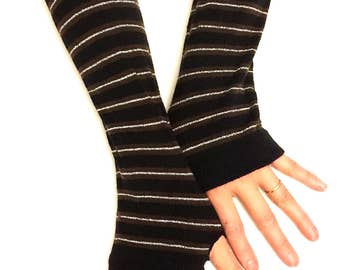Stripe Fingerless Gloves Arm Warmers Brown Arm Warmers Fingerless Gloves.