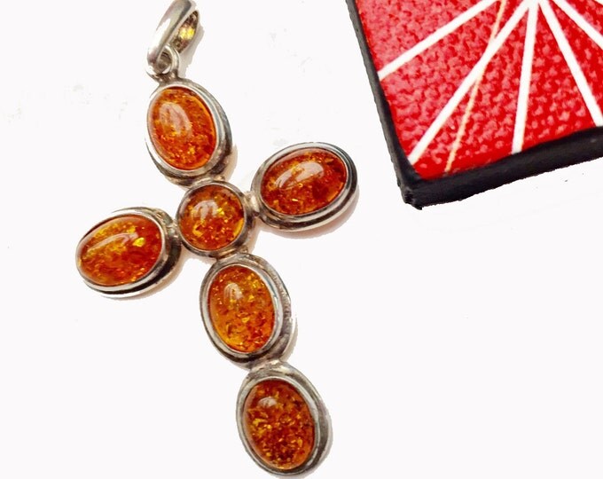 Sterling Amber Cross Pendant - orange yellow gemstone - 925 Sterling silver