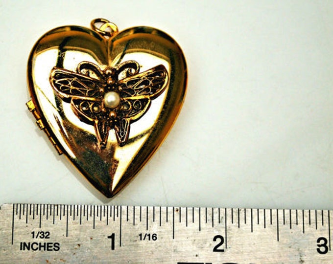 Gold Heart Locket Pendant - White pearl - Butterfly - charm -gold-plated