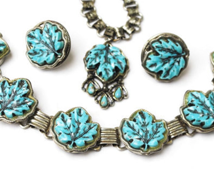 Turquoise Maple leaf - Necklace Bracelet and earring set - Vintage plastic - silver book chain necklace-screw back earrings