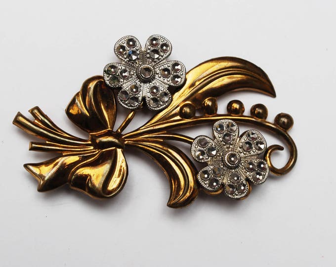 Flower Brooch - Art Deco - Gold filled - cut silver steel - Floral pin