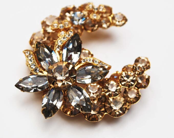 Eisenberg Ice Rhinestone Brooch - Crescent Flower -gold plated - champagne - Signed - floral pin