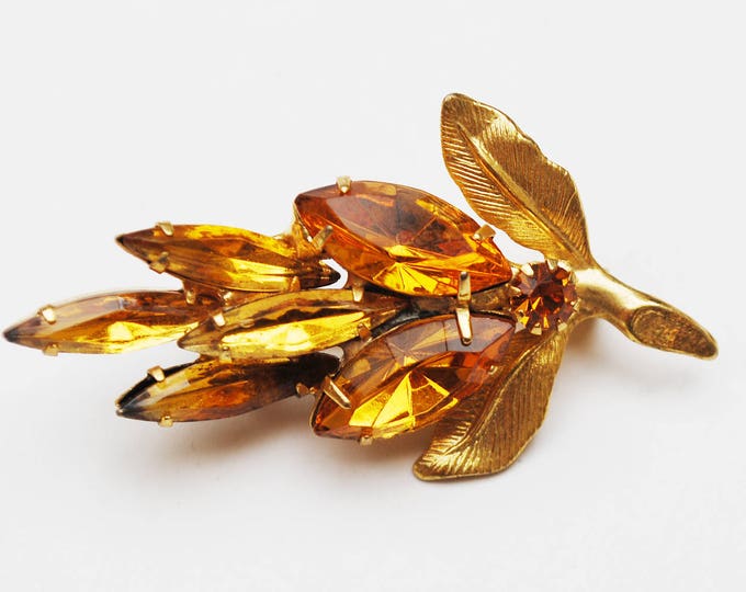 Rhinestone leaf Brooch - Amber Orange Class Rhinestone - mid century - Floral flower pin