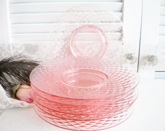 Blush Pink Depression Glass Plates Set Of 6/Footed Pink Dessert Plates 8 Inch With Basket Weave Pattern/Wedding/Tea Party/Cottage Chic