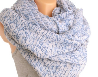 White cotton scarf with Blue Letters Infinity Scarf Writing Scroll Scarf Book Scarf Letter Scarf Scarves accessory christmas gift schal