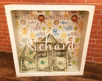 Personalized Bank - Baby Shower Card Box, Shadow Box Bank, Piggy Bank, Nursery Decor, Money Box, Card Holder, Name Bank, Baby Gift