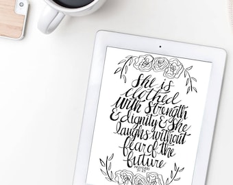 She is Clothed with Strength and Dignity Vector, Hand Drawn, Silhouette Calligraphy Cut File, Clipart, SVG Cut File, SVG, Cameo, Cricut
