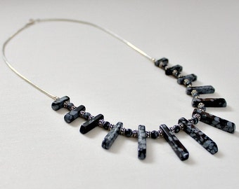 50th Birthday Gift,For Woman,For Her,Retirement Gift,Snowflake Obsidian,Necklace,Silver,60th Birthday Gift,For Mom,Unique,Black Necklace