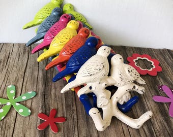 BOLD linen ivory white towel hook // love BIRDS branch wall hook // vintage shabby COTTAGE chic french country // woodland animal nursery