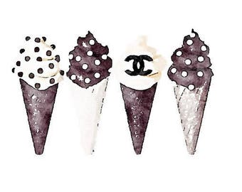 Soft Serve DIGITAL ART PRINT Ice Cream Cone with Sprinkles, Chocolate Vanilla Frozen Yogurt, Chanel Watercolor Painting