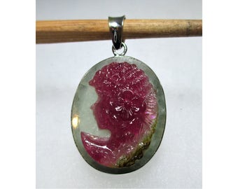 Vintage Carved WATERMELON TOURMALINE CAMEO Pendant - Sterling Silver - ww1081