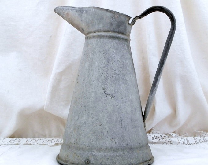 Large Antique French Large Zinc Galvanized Metal Pitcher / Jug, Vase, Cottage, French Country Decor Rustic Home, Shabby Chic, Chateau, Grey