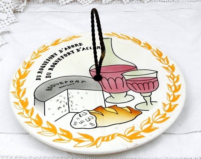 Vintage French Mid Century Ceramic Cheese Platter With Retro Illustration of a Carafe of Wine, Baguette and Roquefort Blue Cheese, Food