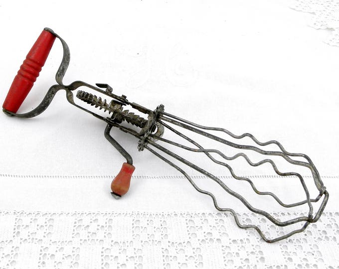 Vintage French Egg Whisk made of Metal and Wood, Mechanical, with Red Wooden Handle, Kitchen Decor, Country Decor, Kitchenalia, Kitchenware
