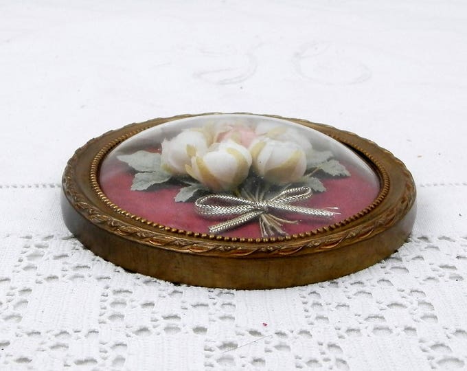 Vintage French Domed Glass and Brass Picture Frame with Silk Flower Composition on Satin Backing, Wall Hanging, Mid Century, 1950s, 1960s