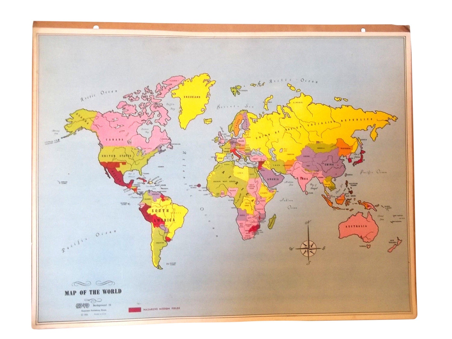 Old Vintage 1955 Map of The World Wall Poster Hanging Display