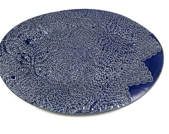 Lace Blue Platter, Hostess Gift, Large Serving Plate, Oval Platter, Cobalt Blue Kitchen Decor, Serving Dish, Party Tray,Blue Pottery Platter