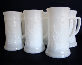 Vintage Federal Glass Milk Glass Steins, Mid Century Barware,Set of 6