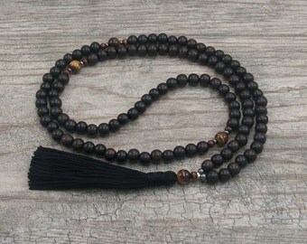 Handmade Tiger's Eye & Obsidian Mala Bead Necklace - 108 Gemstone Healing Amulet Pendant