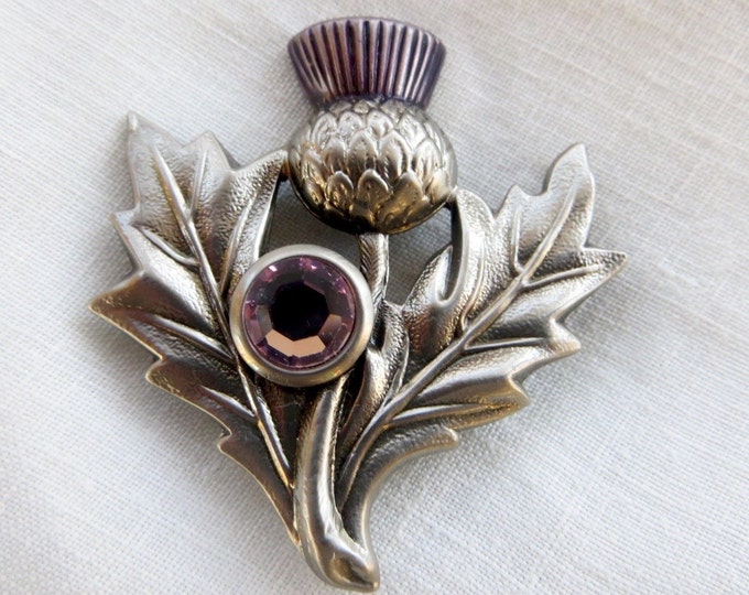 Scottish Thistle Brooch, Pink Crystal Stone, Symbol of Scotland, Vintage Thistle Pin