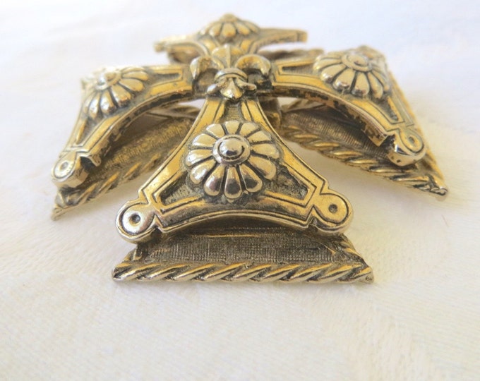 Vintage Maltese Cross Brooch, Fleur Di Lis Center, Heraldic Pin, Signed Accessocraft, Designer Signed Jewelry