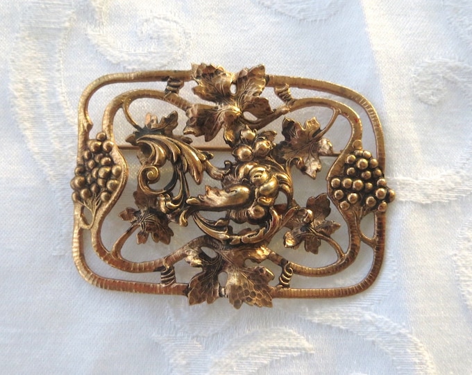 Art Nouveau Sash Pin, Vintage Nouveau Brooch, Grapes Leaves Florals, Vintage Jewelry