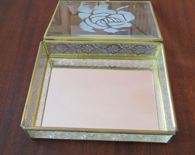 Vintage Glass Jewelry Box, Mirrored Interior, Etched Rose Lid, Moorish Design Sides