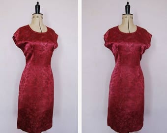 Vintage 50s 60s Cheongsam silk satin cocktail dress - Cheongsam Dress - Vintage Chinese print dress - 50s Wiggle Dress - 50s cocktail dress