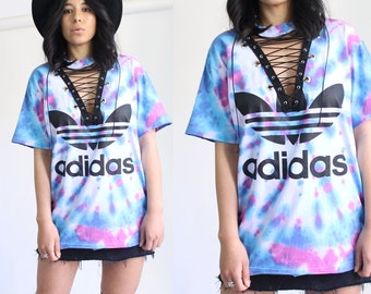 Tie Dye Adidas T-shirt, Adidas T-shirt Dress, Adidas Lace Up T-shirt, Pastel Goth Tie Dye Tee, Streetwear Logo Tee, Adidas Lace Up T-shirt