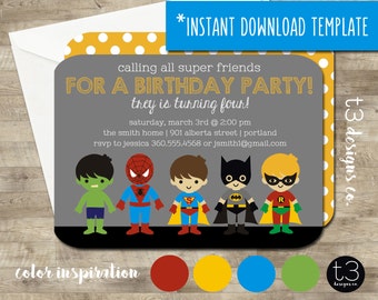 Instant SUPERHERO Birthday Invitation diy pdf super hero birthday invitation, super heroes, superheroes birthday invite