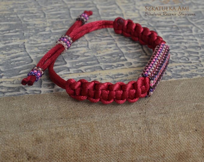 Satin string women bracelet Ethnic bracelets Purple pink Organic jewelry Beaded bracelets Tribal Men bracelet Leather natural bracelets