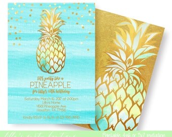 Pineapple Invitation, Party Like A Pineapple, Aloha Pineapple Invite, Teal Blue Gold Pineapple Invite,-YOU PRINT