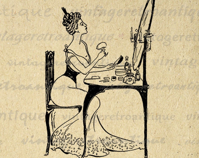 Digital Graphic Girl at Makeup Vanity Download Printable Illustration Image Vintage Clip Art Jpg Png Eps HQ 300dpi No.1925