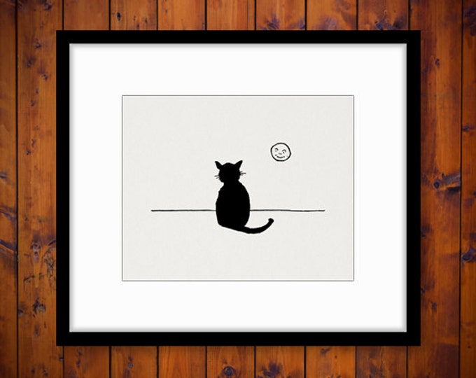 Digital Printable Cat and Moon Download Kitten Illustration Graphic Image Vintage Clip Art Jpg Png Eps HQ 300dpi No.3413