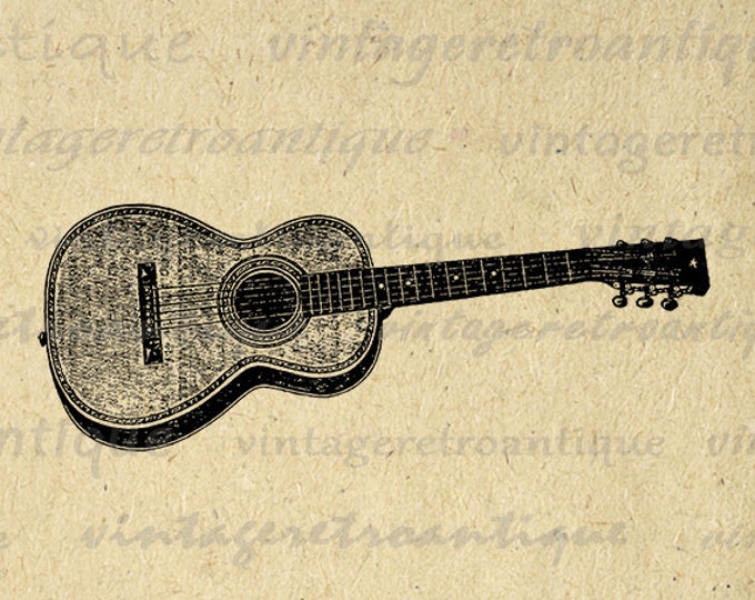 Antique Acoustic Guitar Graphic Printable Digital Music Image Illustration Download Artwork Vintage Clip Art Jpg Png HQ 300dpi No.1098