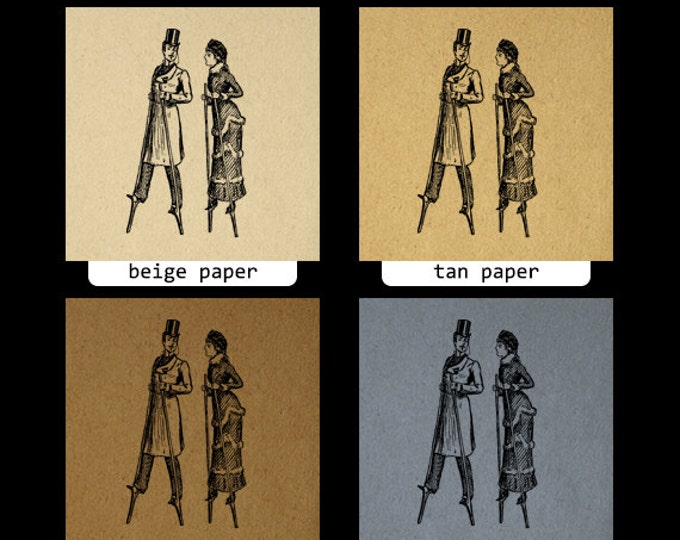 Antique Man and Woman on Stilts Digital Image Download Illustration Printable Graphic Artwork Vintage Clip Art HQ 300dpi No.1705