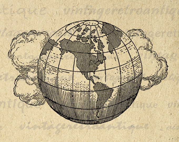 Digital Printable Earth Globe with Clouds Download Planet World Image Graphic Vintage Clip Art for Transfers Printing etc HQ 300dpi No.2972