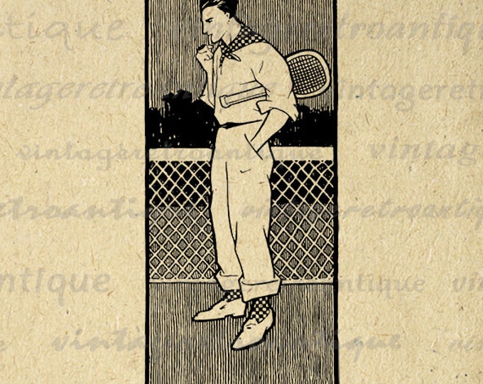 Vintage Tennis Player Digital Image Graphic Download Tennis Printable Antique Clip Art Jpg Png Eps HQ 300dpi No.4178