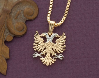 Albanian Eagle Pendant and Necklace, Albanian Jewelry, 14 Karat Gold and Rhodium Plated, ( # 929B )