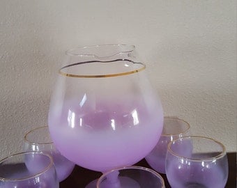 Vintage Purple Frosted Decanter Set With Pitcher And 5 Glasses