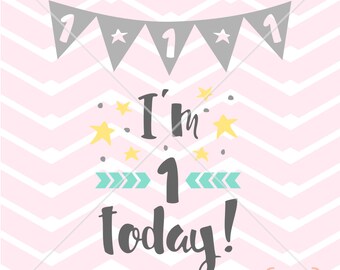 I'M 1 TODAY 1st birthday file girl baby onesie t-shirt screenprint sign scrapbook vinyl decal Digital Instant Download Svg png eps dxf