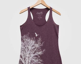 Tree Bird Women Tank Triblend Racerback Tank Top Hand Screen Print