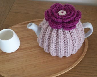 Pink hand knitted tea cosy with crochet flower top and button centre detail - to fit a Size 2 CUP (0.5Litre) TEAPOT - Ready to ship