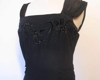 SALE Original vintage 50's dress beautiful , beautiful sequined and beaded 50's cocktail dress sash back , chiffon 50's dress size M
